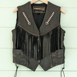 Vintage Western Fringe Leather Beaded Concho Biker Vest Black XL